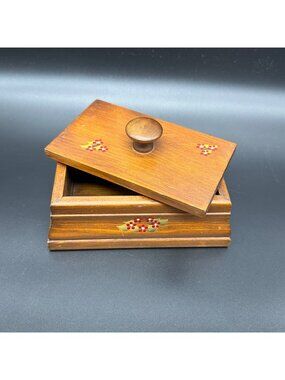 Vintage Wooden Trinket Box Hand Painted Floral Folk Art Jewelry Holder